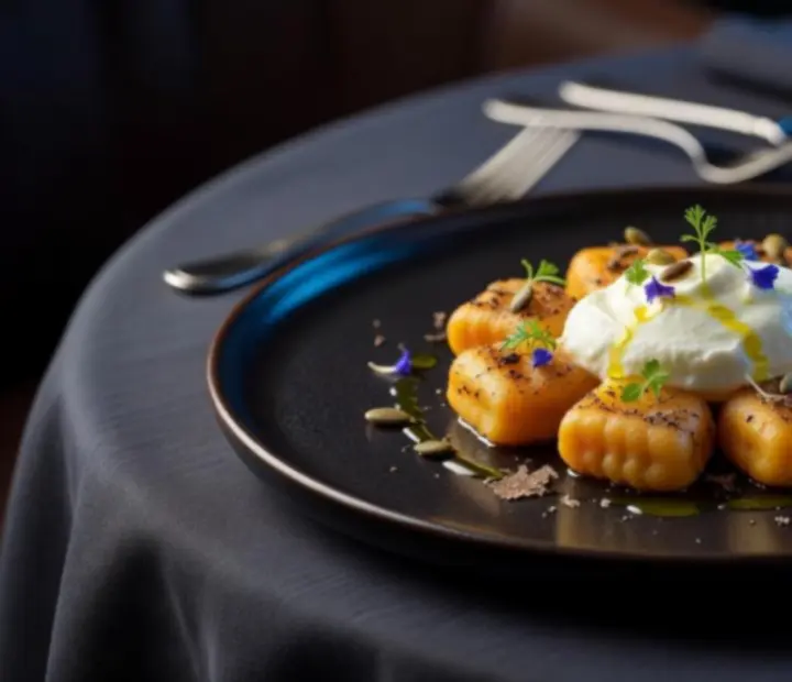 Elegant vegetarian main plated on a dark bistro table